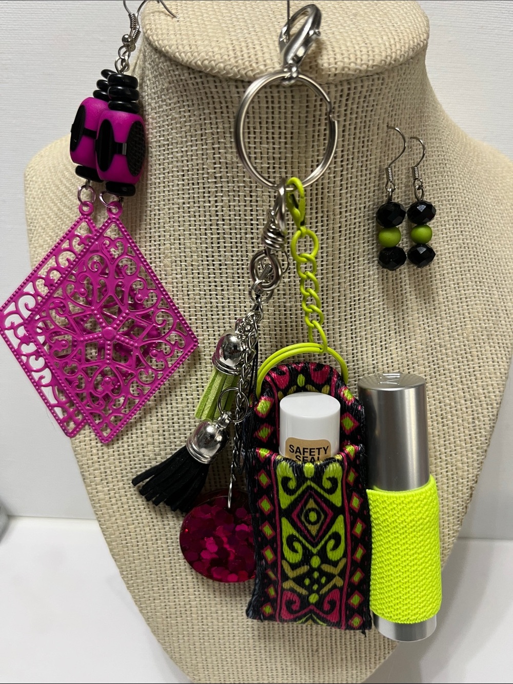 Gift Set 4pc. Neon Pink Lime Double Lipstick Balm Keychain Holder 2 pr.Earrings